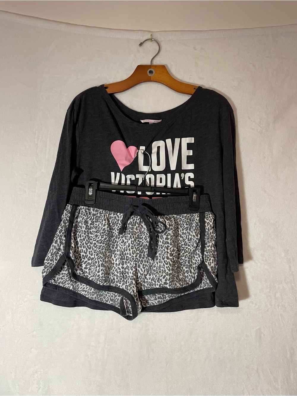 Victoria's Secret Charcoal Sleep Top with Pink Heart & Gray Leopard Shorts